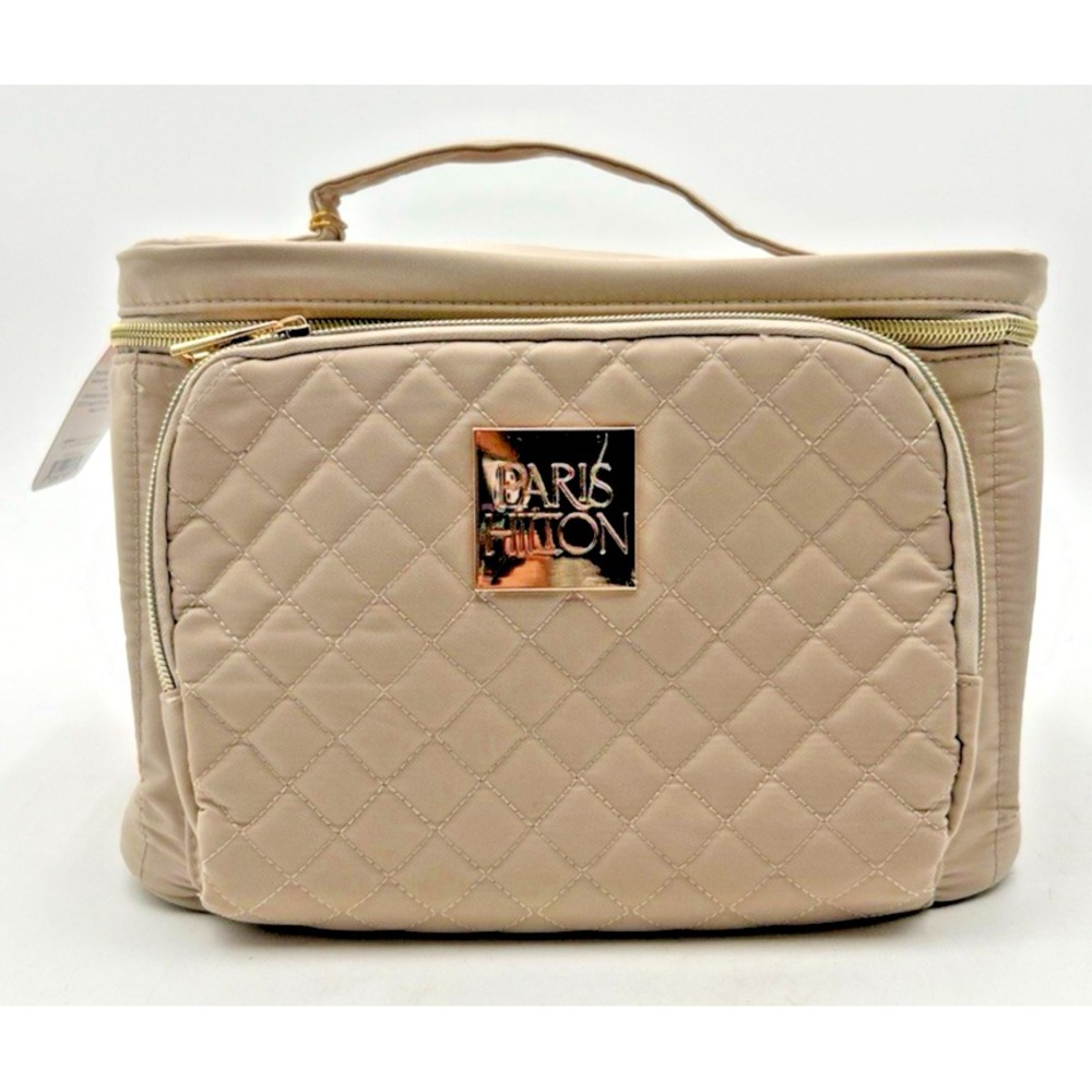 Paris Hilton Beige Stand Alone Make Up Case Quilted Caboodle Travel Bag